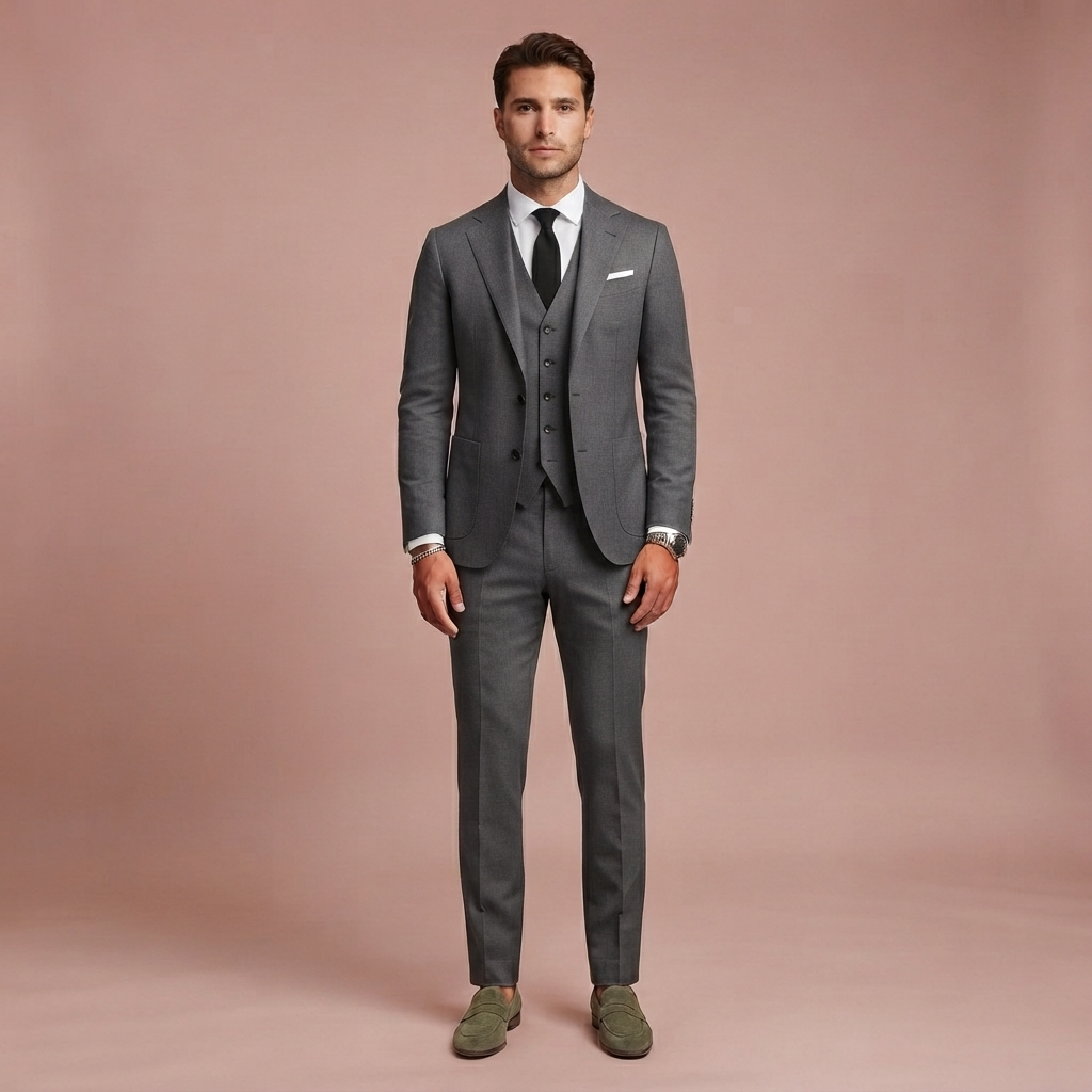 Herren Slim Fit Dreiteiler mit Klassischem Revers und Strukturierten Schultern