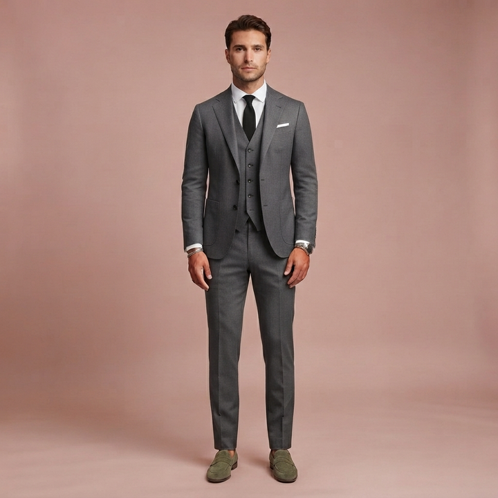 Herren Slim Fit Dreiteiler mit Klassischem Revers und Strukturierten Schultern