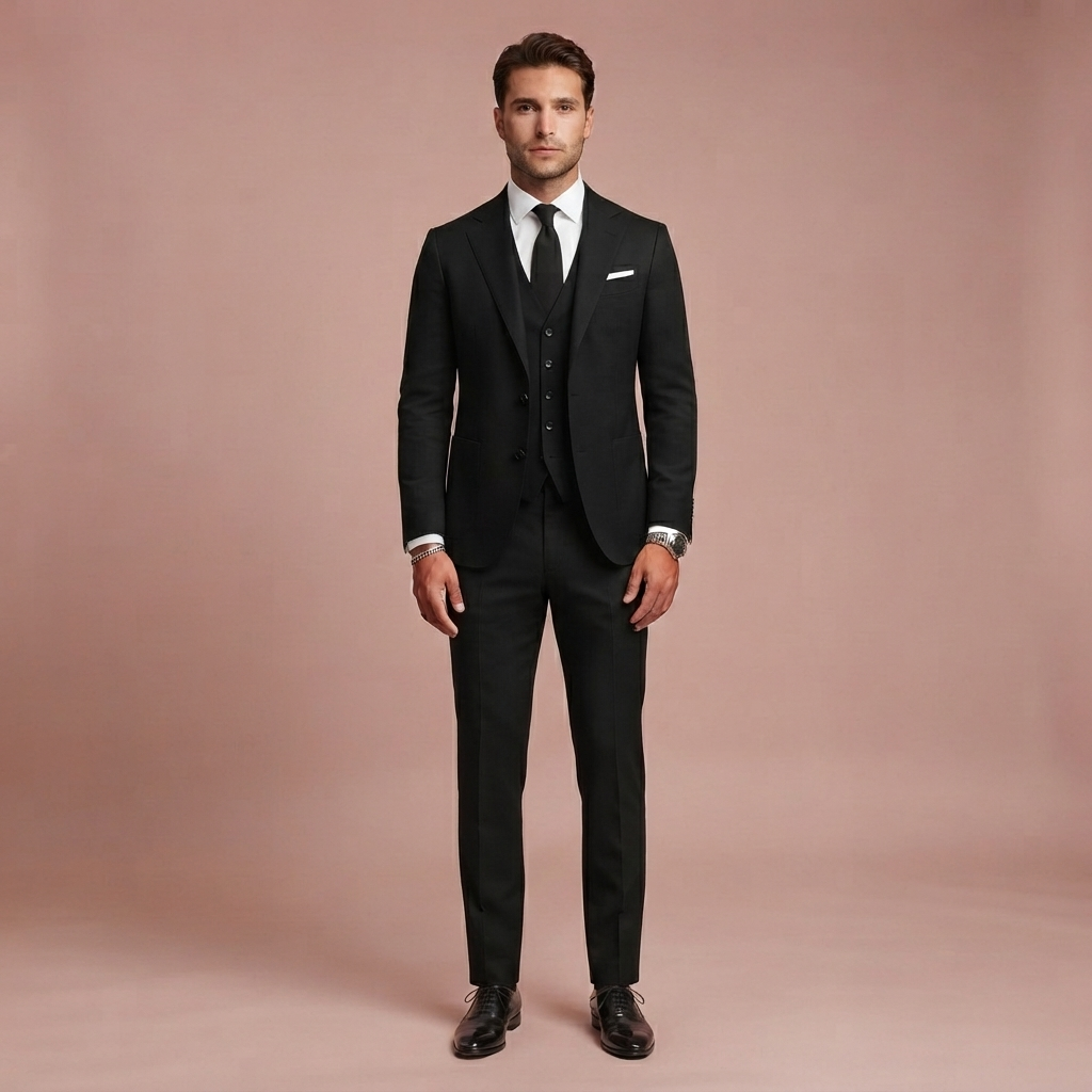 Herren Slim Fit Dreiteiler mit Klassischem Revers und Strukturierten Schultern