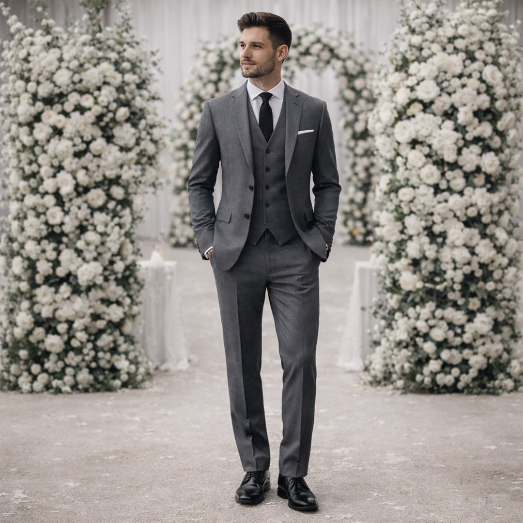 Herren Slim Fit Dreiteiler mit Klassischem Revers und Strukturierten Schultern