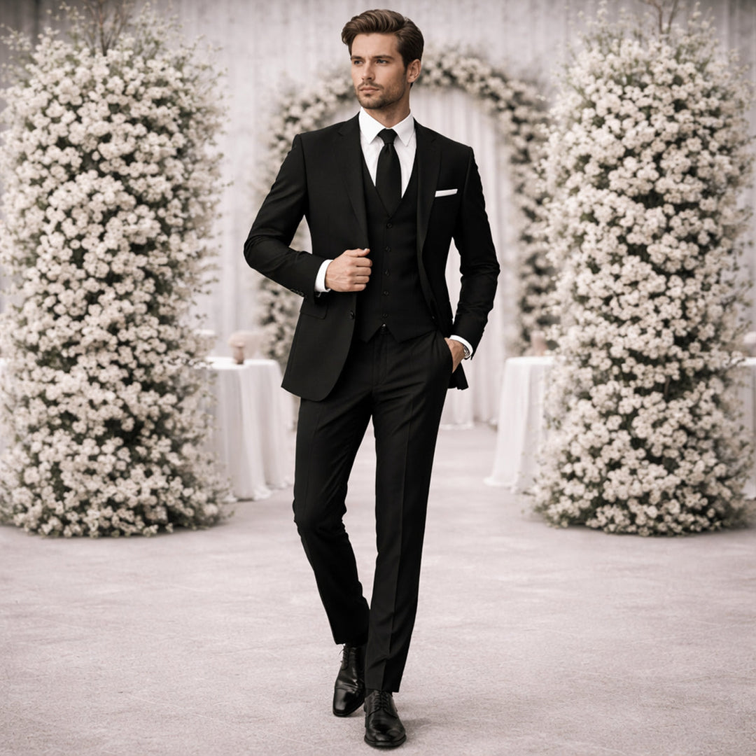Herren Slim Fit Dreiteiler mit Klassischem Revers und Strukturierten Schultern