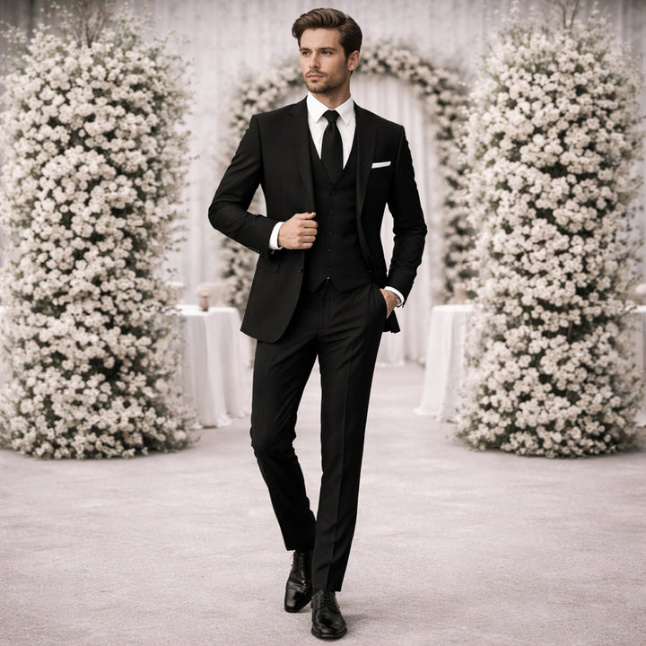 Herren Slim Fit Dreiteiler mit Klassischem Revers und Strukturierten Schultern